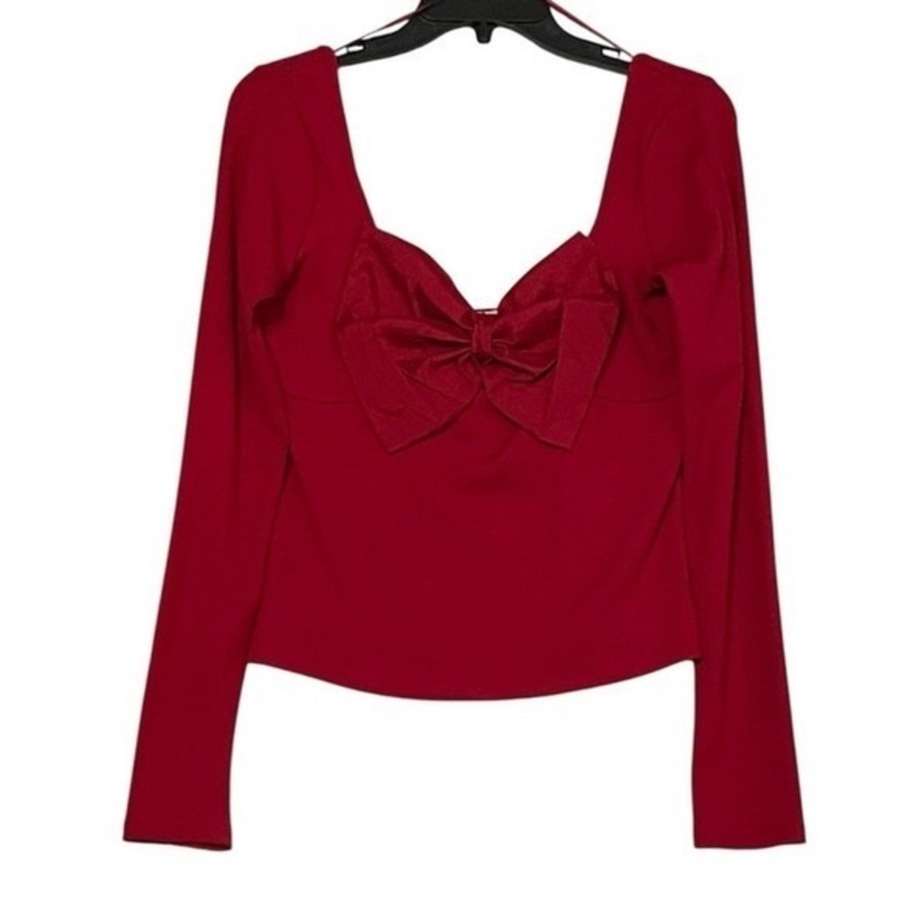 NWT Evolutionary Women Red Long Sleeve Sweetheart Neck Bow Detail Top Size L‎